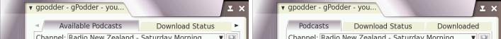Screenshot of gPodder with shortened tab names