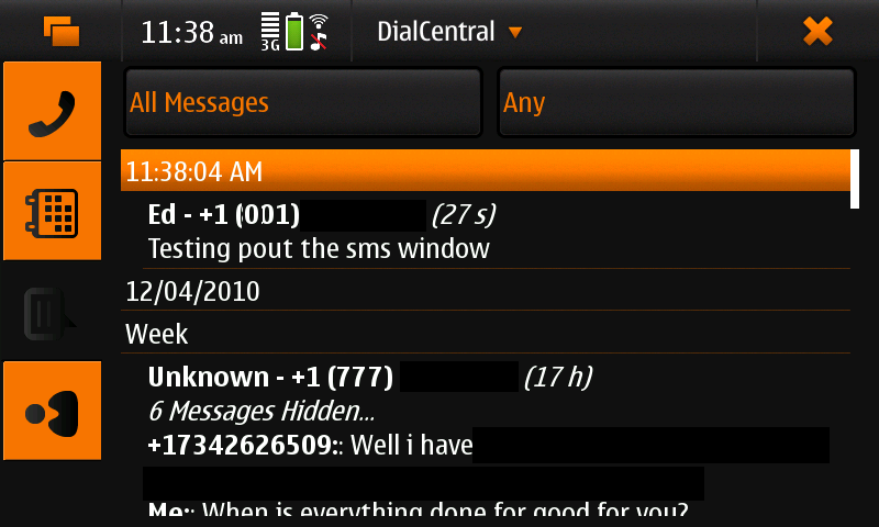 Screenshot of DialCentral showing ‘messages’ view