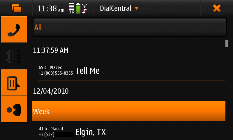 Screenshot of DialCentral showing ‘history’ view
