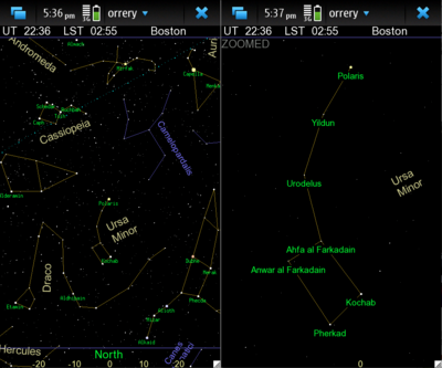 Screenshot of star names